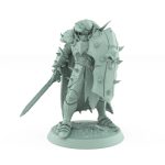 human fantasy warrior bracing behind shield with sword ready