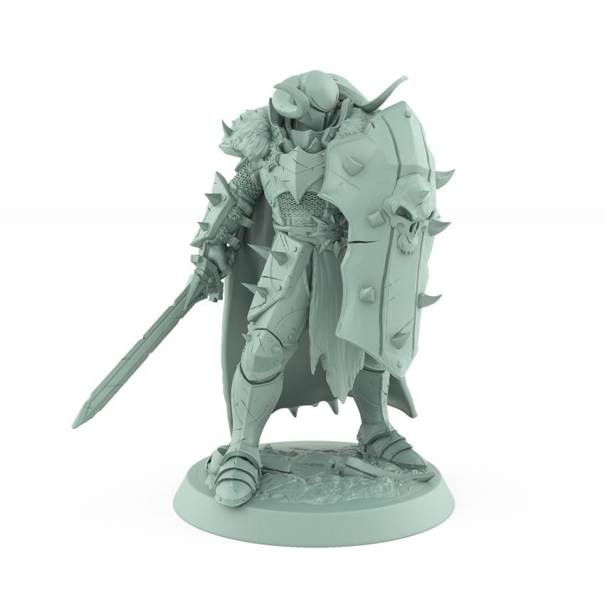 human fantasy warrior bracing behind shield with sword ready
