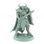 armored human warrior with skull shield and sword in poised stance