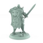human warrior holding skull shield and sword in armored defensive stance