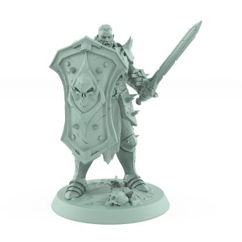 human warrior holding skull shield and sword in armored defensive stance