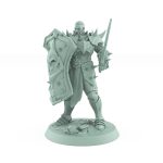 human warrior holding skull shield and sword in armored defensive stance