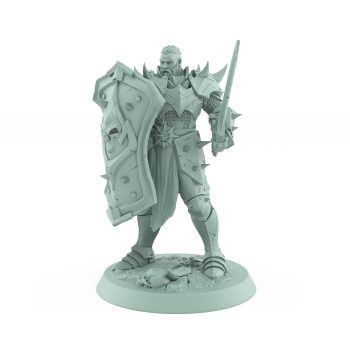 human warrior holding skull shield and sword in armored defensive stance