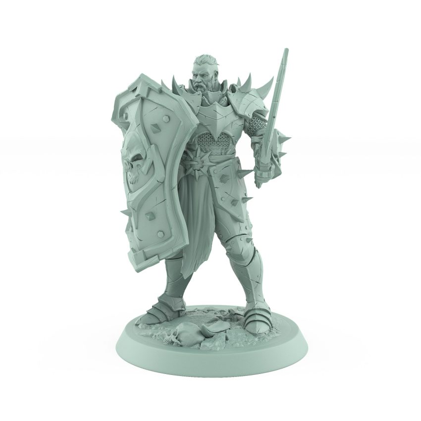 human warrior holding skull shield and sword in armored defensive stance