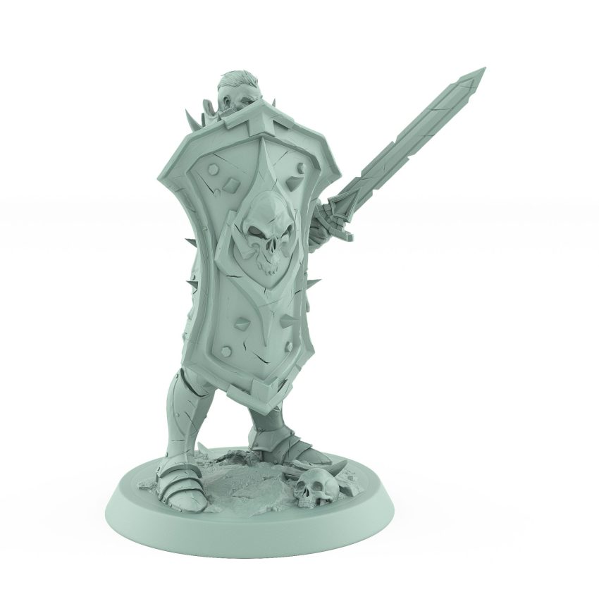 human warrior holding skull shield and sword in armored defensive stance