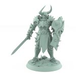 human warrior in full armor with skull shield and sword ready for battle stance