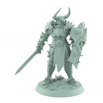 human warrior in full armor with skull shield and sword ready for battle stance