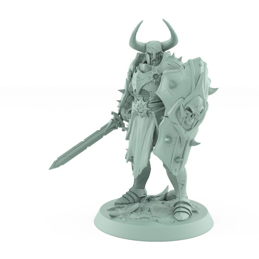 human warrior in full armor with skull shield and sword ready for battle stance