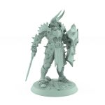 human warrior in full armor with skull shield and sword ready for battle stance