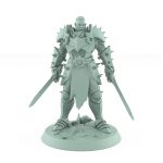 human fantasy warrior in spiked armor standing with sword resting by side