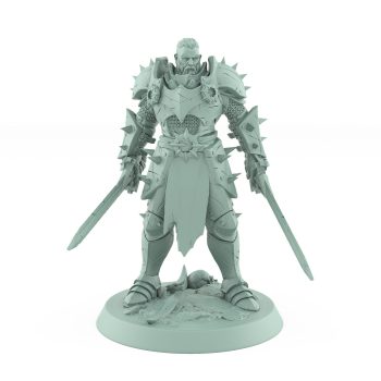 human fantasy warrior in spiked armor standing with sword resting by side