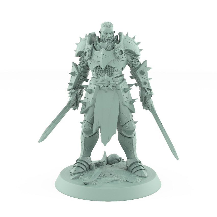 human fantasy warrior in spiked armor standing with sword resting by side