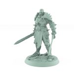 human fantasy warrior in spiked armor standing with sword resting by side