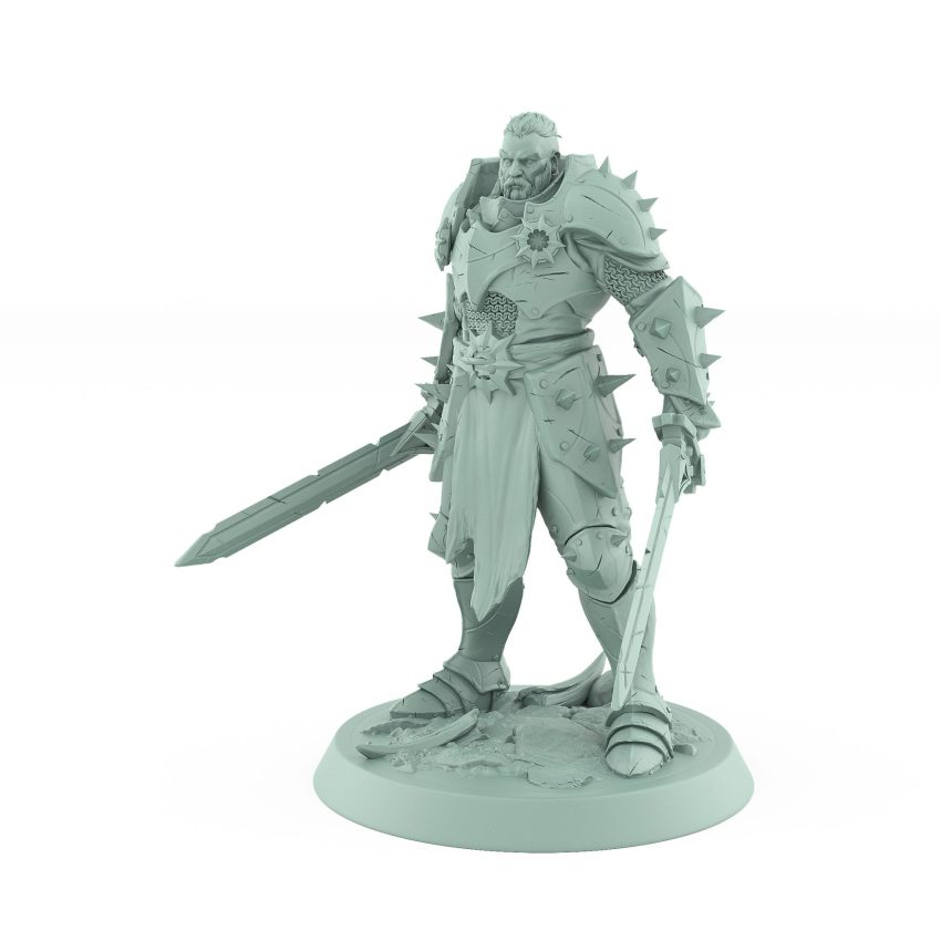 human fantasy warrior in spiked armor standing with sword resting by side