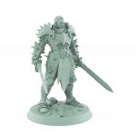 human fantasy warrior in spiked armor standing with sword resting by side
