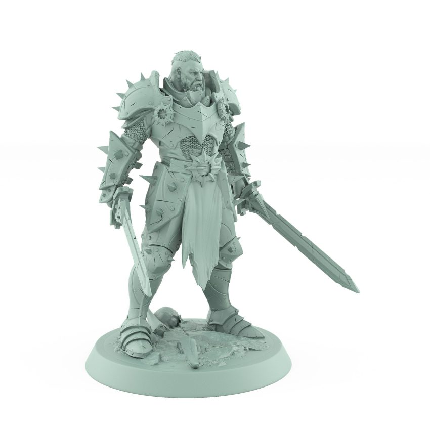 human fantasy warrior in spiked armor standing with sword resting by side
