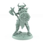 human ranger holding axe and wooden shield in defensive pose on battlefield