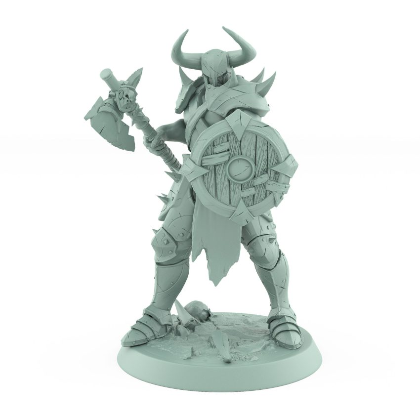 human ranger holding axe and wooden shield in defensive pose on battlefield