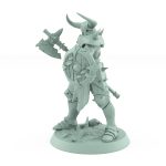 human ranger holding axe and wooden shield in defensive pose on battlefield