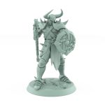 human ranger holding axe and wooden shield in defensive pose on battlefield