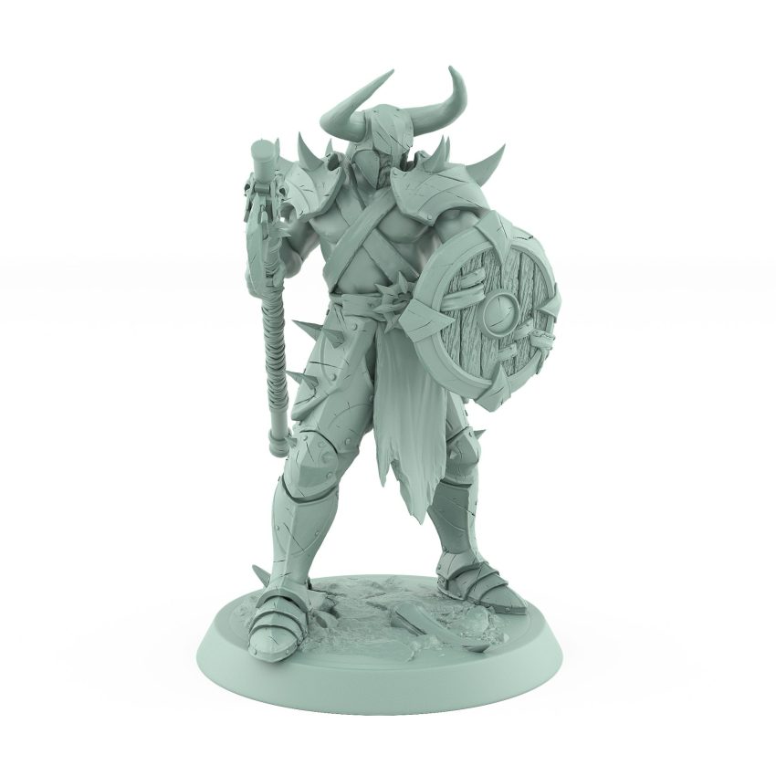 human ranger holding axe and wooden shield in defensive pose on battlefield