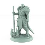 human ranger in fur cloak holding massive axe standing in resting pose