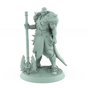 human ranger in fur cloak holding massive axe standing in resting pose