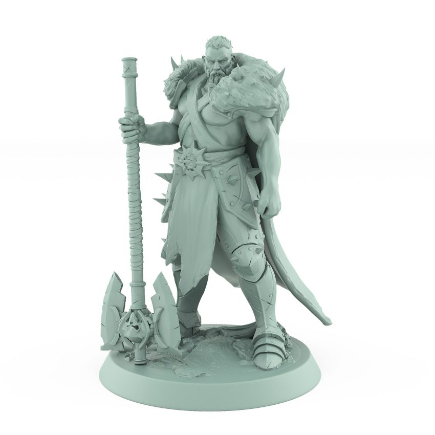 human ranger in fur cloak holding massive axe standing in resting pose