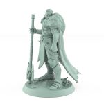 human ranger in fur cloak holding massive axe standing in resting pose