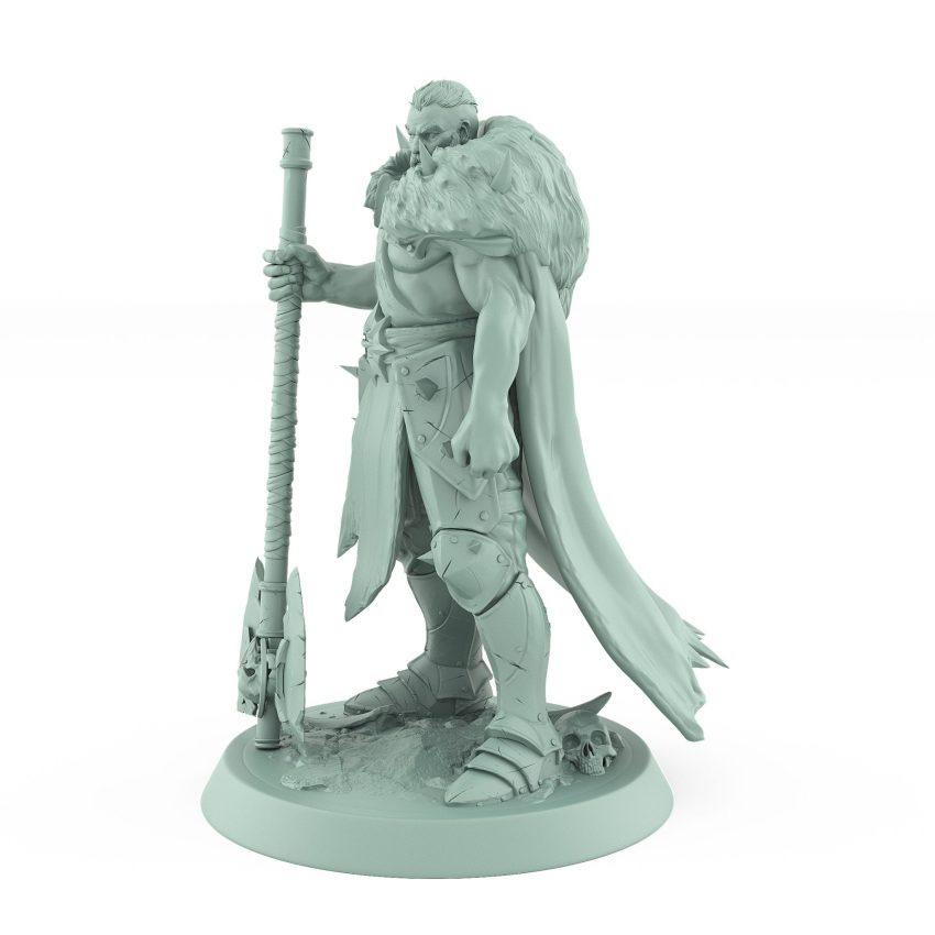 human ranger in fur cloak holding massive axe standing in resting pose