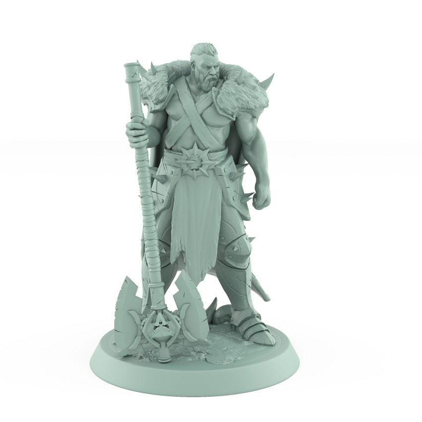 human ranger in fur cloak holding massive axe standing in resting pose