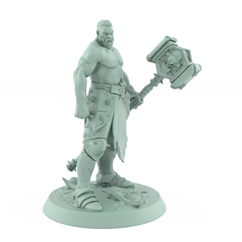 shirtless muscular human ranger holding large square warhammer in powerful stance