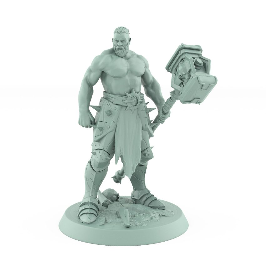 shirtless muscular human ranger holding large square warhammer in powerful stance