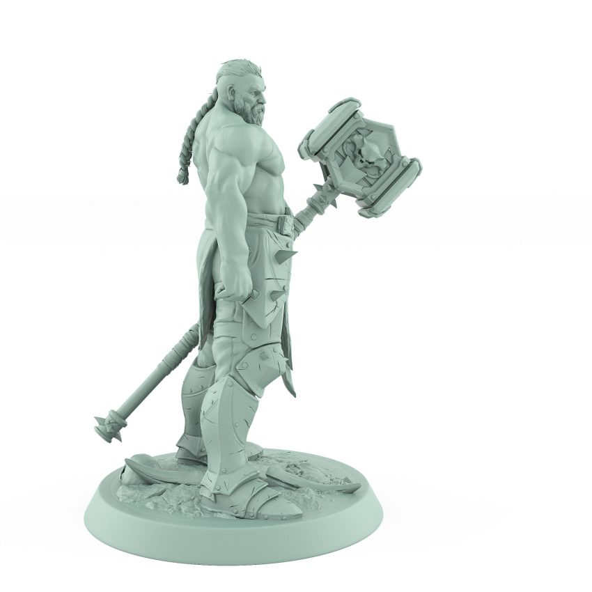 shirtless muscular human ranger holding large square warhammer in powerful stance
