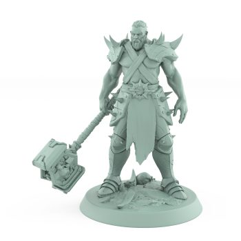 bare chested human ranger resting heavy warhammer on ground in calm ready stance