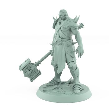 bare chested human ranger resting heavy warhammer on ground in calm ready stance