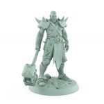 bare chested human ranger resting heavy warhammer on ground in calm ready stance
