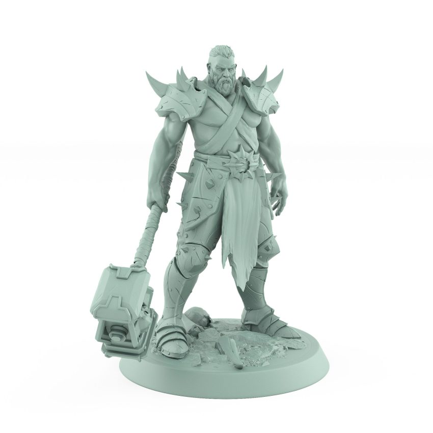 bare chested human ranger resting heavy warhammer on ground in calm ready stance