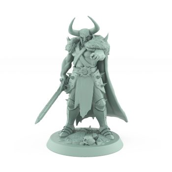horned ranger mini in fur cloak pointing dramatically while holding massive warhammer