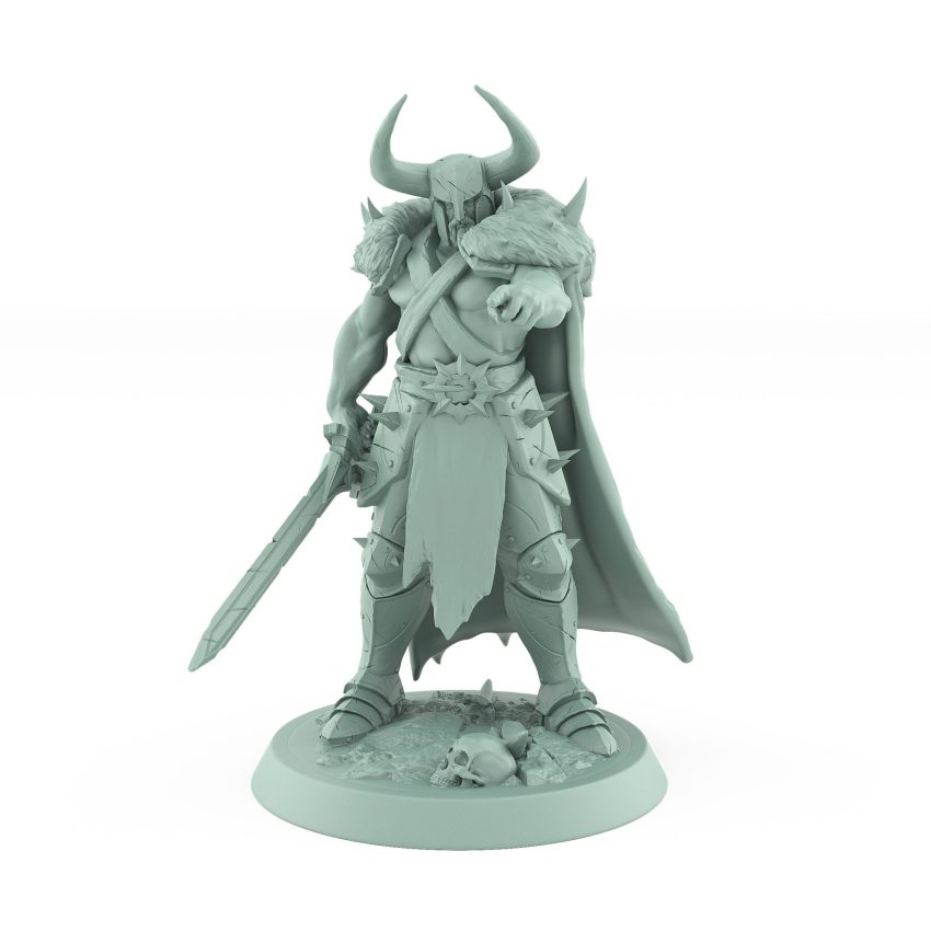 horned ranger mini in fur cloak pointing dramatically while holding massive warhammer