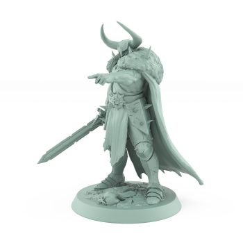 horned ranger mini in fur cloak pointing dramatically while holding massive warhammer