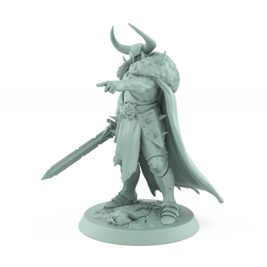 horned ranger mini in fur cloak pointing dramatically while holding massive warhammer