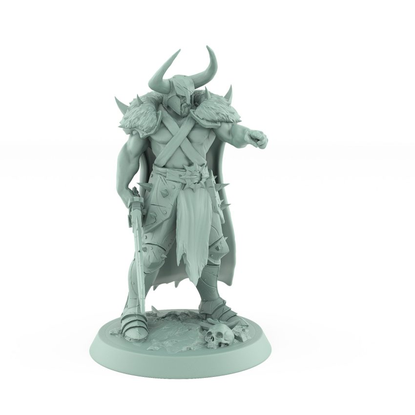 horned ranger mini in fur cloak pointing dramatically while holding massive warhammer