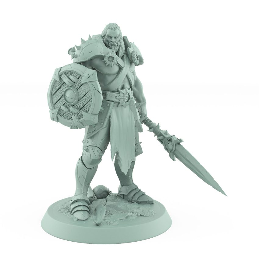 rugged ranger miniature with spear and wooden shield in defensive stance