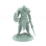 rugged ranger miniature with spear and wooden shield in defensive stance