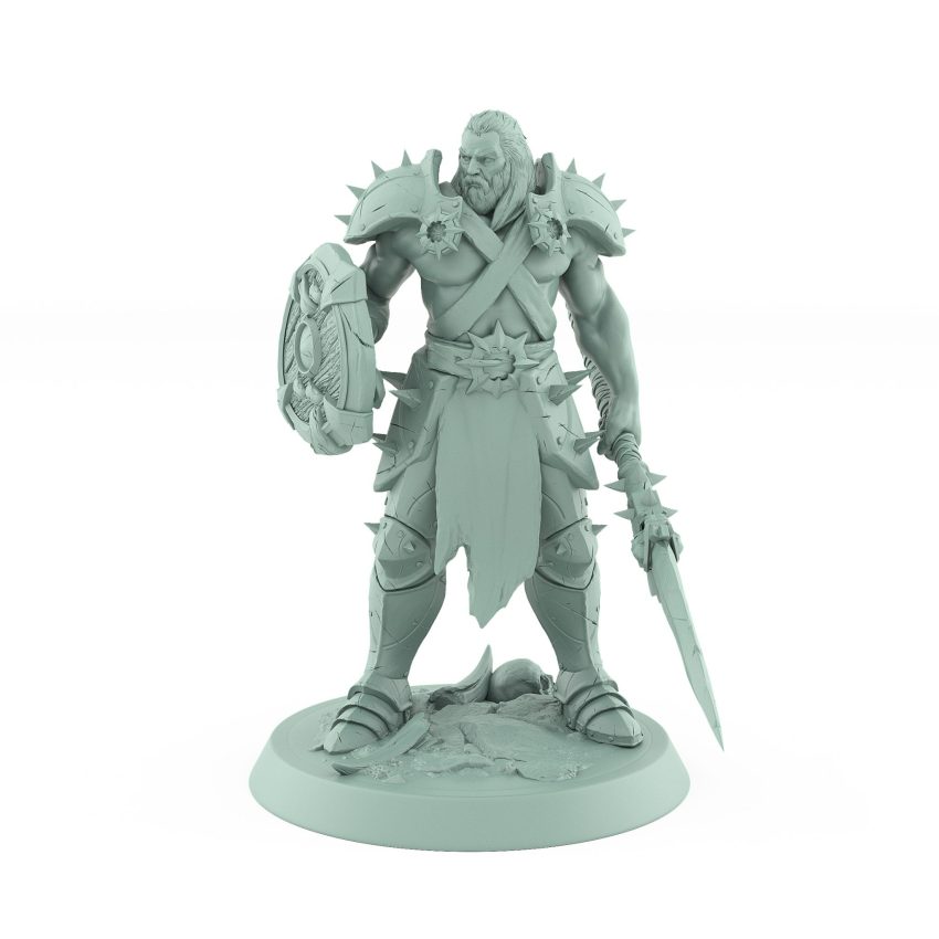 rugged ranger miniature with spear and wooden shield in defensive stance