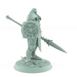 rugged ranger miniature with spear and wooden shield in defensive stance