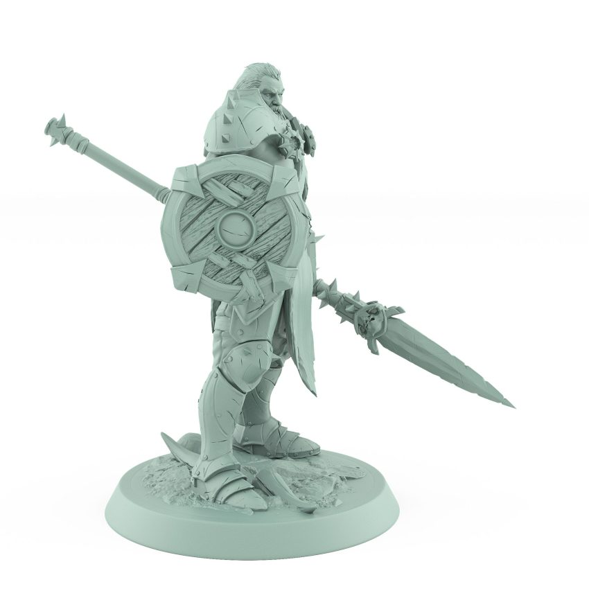 rugged ranger miniature with spear and wooden shield in defensive stance