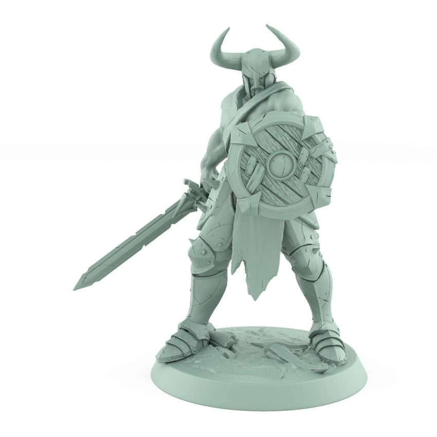 armored ranger miniature with sword raised and wooden shield braced in defensive pose