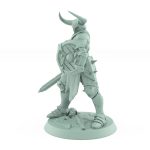 armored ranger miniature with sword raised and wooden shield braced in defensive pose